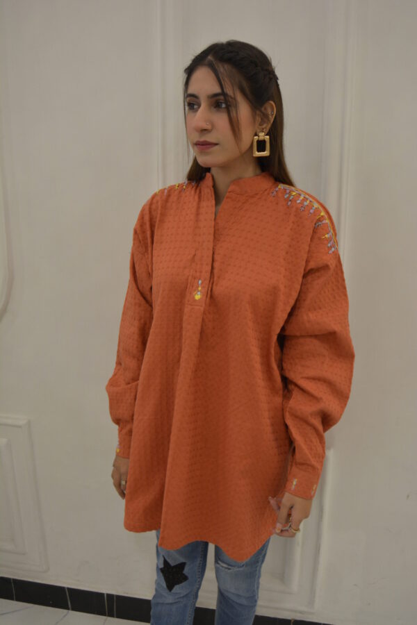 Rust-Toned Hand-Embroidered Cotton Tunic - Image 4