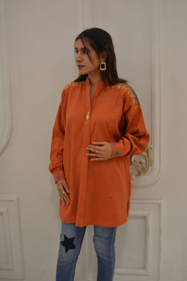 Rust-Toned Hand-Embroidered Cotton Tunic - Image 2