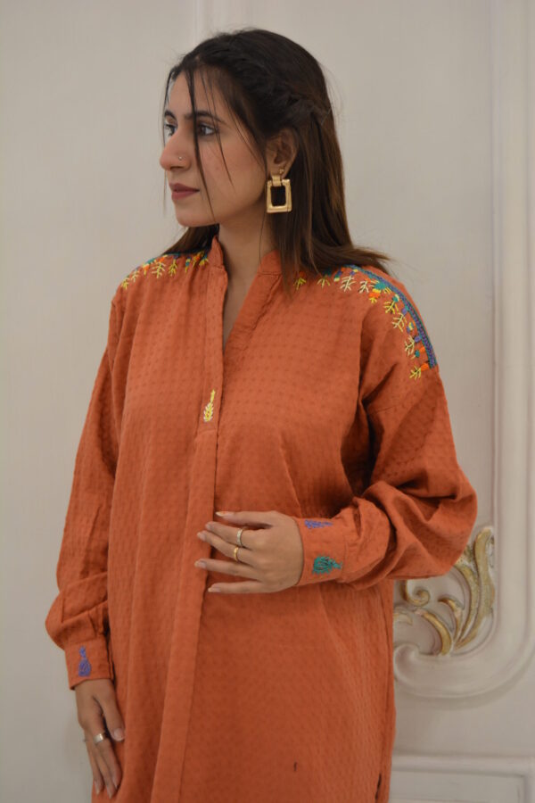 Rust-Toned Hand-Embroidered Cotton Tunic - Image 3