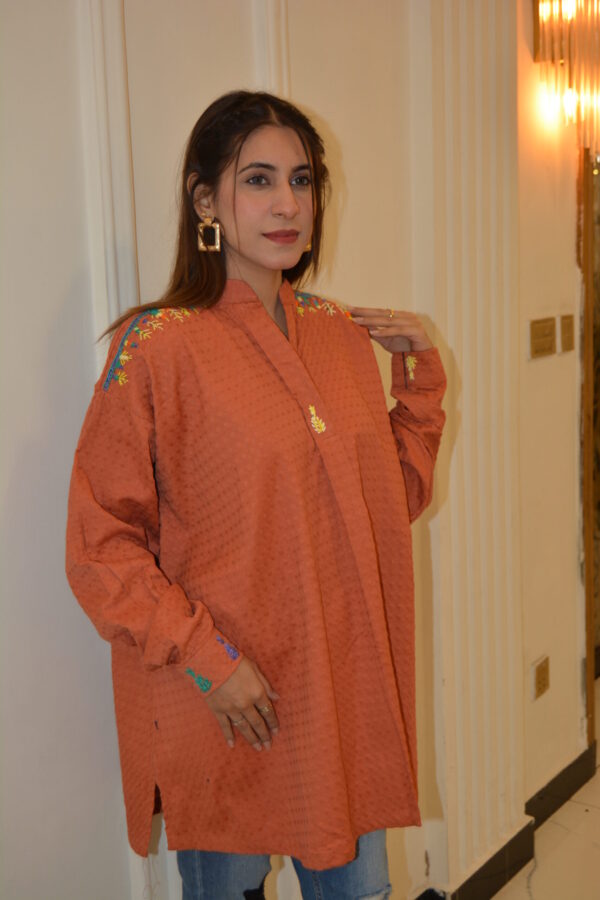 Rust-Toned Hand-Embroidered Cotton Tunic - Image 4
