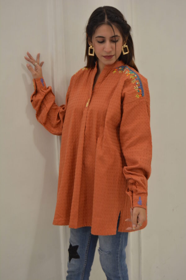 Rust-Toned Hand-Embroidered Cotton Tunic