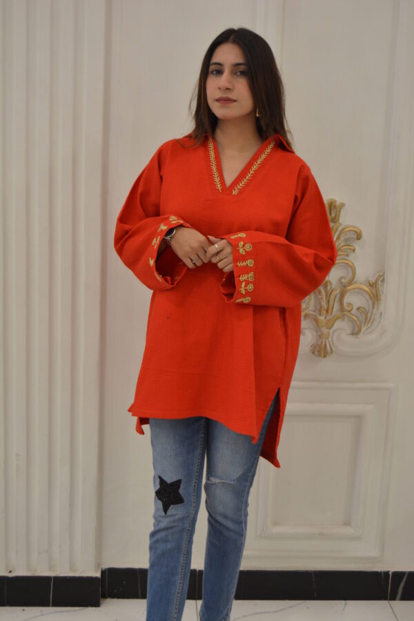 Vibrant Hand-Embroidered Red Cotton Tunic - Image 3