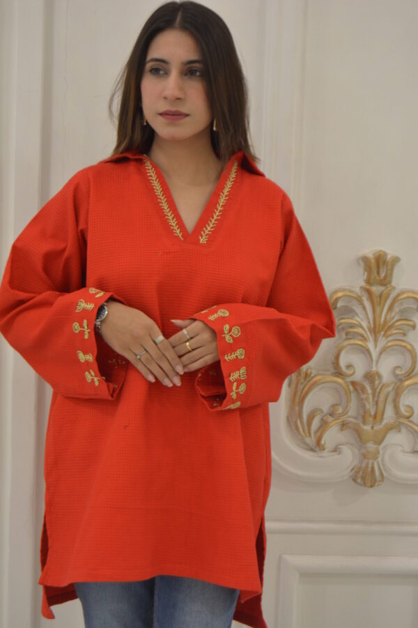 Vibrant Hand-Embroidered Red Cotton Tunic - Image 2
