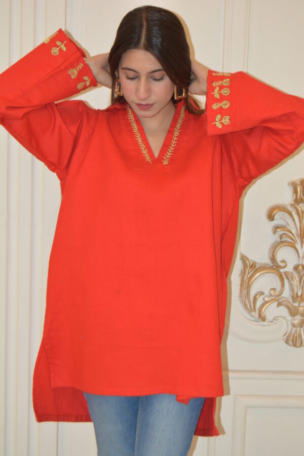 Vibrant Hand-Embroidered Red Cotton Tunic - Image 4
