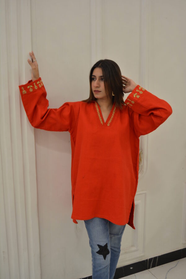 Vibrant Hand-Embroidered Red Cotton Tunic