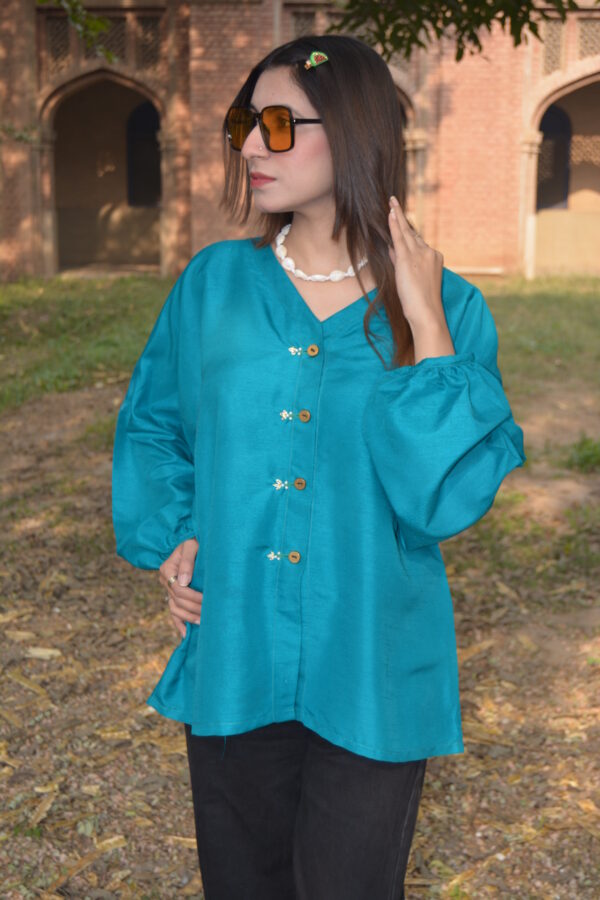 Teal Raw Silk Shirt - Image 3