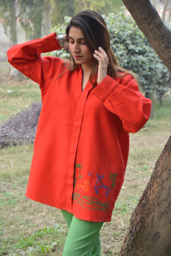 Red Hand-Embroidered Woven Cotton Kurta - Image 3