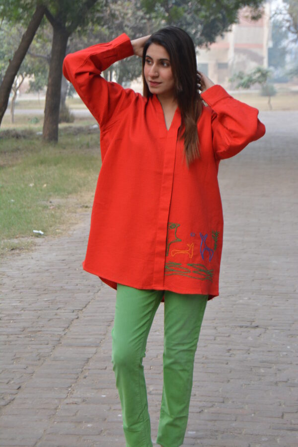 Red Hand-Embroidered Woven Cotton Kurta - Image 2