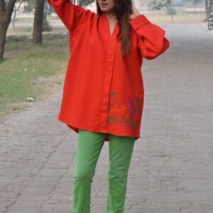 Red Hand-Embroidered Woven Cotton Kurta