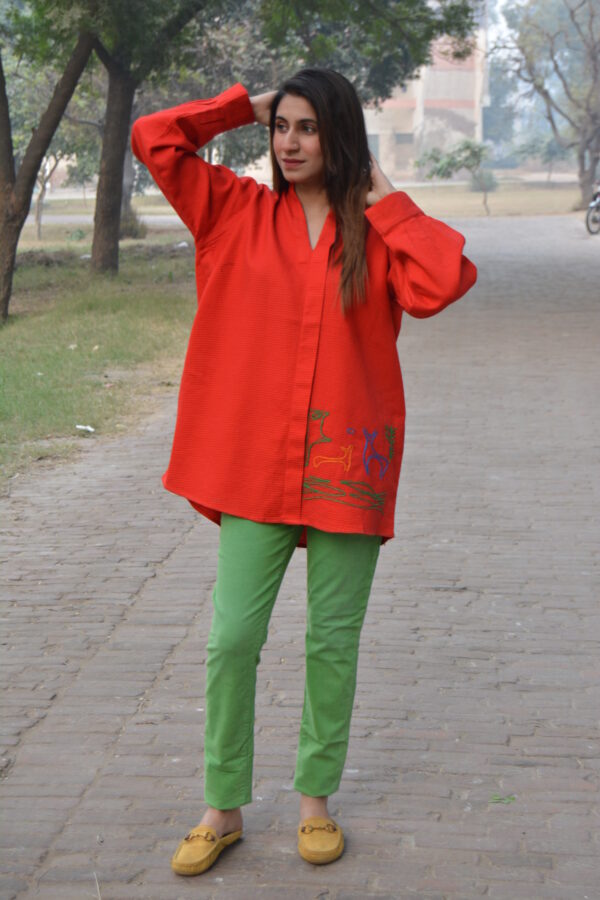Red Hand-Embroidered Woven Cotton Kurta