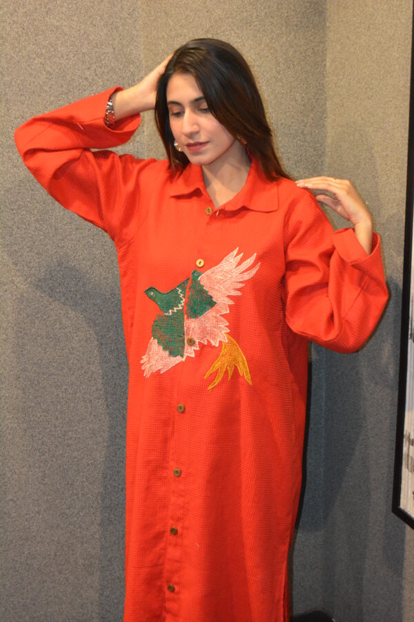 Red Hand-Embroidered Bird Woven Cotton Shirt Dress - Image 4