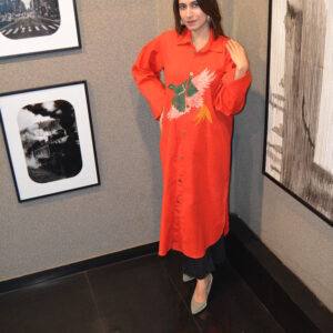 Red Hand-Embroidered Bird Woven Cotton Shirt Dress
