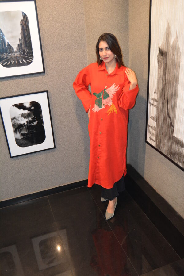 Red Hand-Embroidered Bird Woven Cotton Shirt Dress
