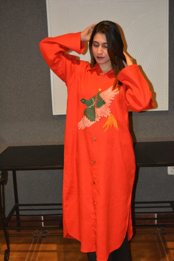 Red Hand-Embroidered Bird Woven Cotton Shirt Dress - Image 2