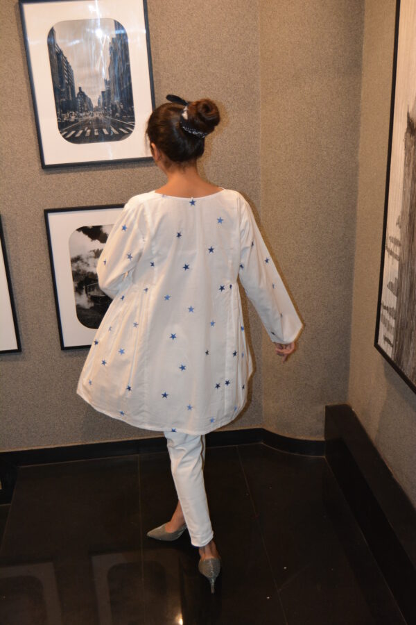 White Cotton Frock with Blue Embroidered Stars - Image 3