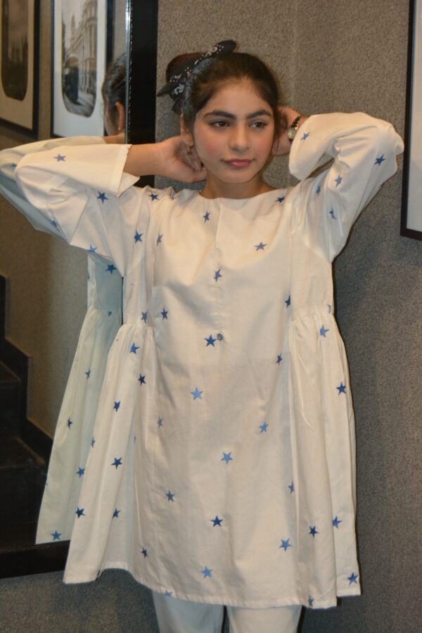 White Cotton Frock with Blue Embroidered Stars - Image 2