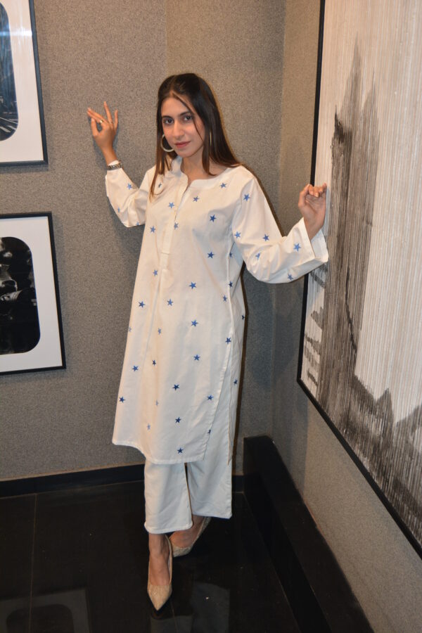 White Cotton Shirt with Blue Star Embroidery - Image 2