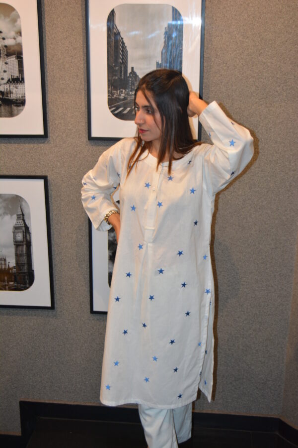 White Cotton Shirt with Blue Star Embroidery - Image 4