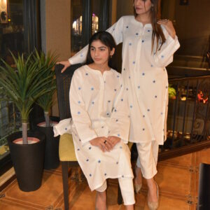 White Cotton Shirt with Blue Star Embroidery