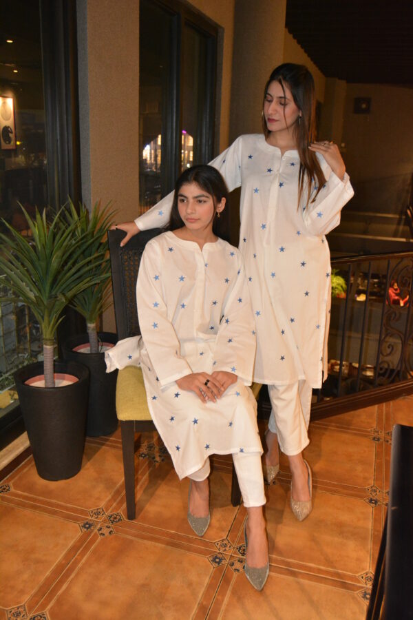 White Cotton Shirt with Blue Star Embroidery