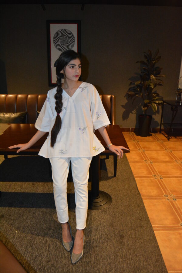 White Cotton Top with Embroidered Floral Details