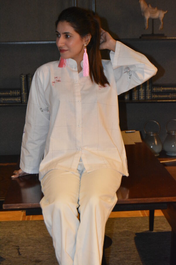 White Cotton Button-Down Shirt with Floral Embroidery - Image 3