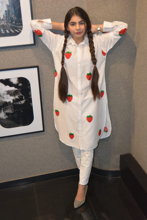 White Cotton Strawberry Shirt Dress - Image 2
