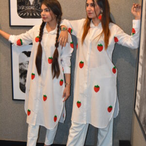 White Cotton Strawberry Shirt Dress