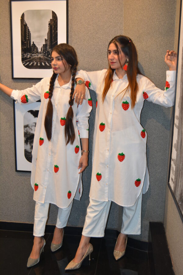 White Cotton Strawberry Shirt Dress