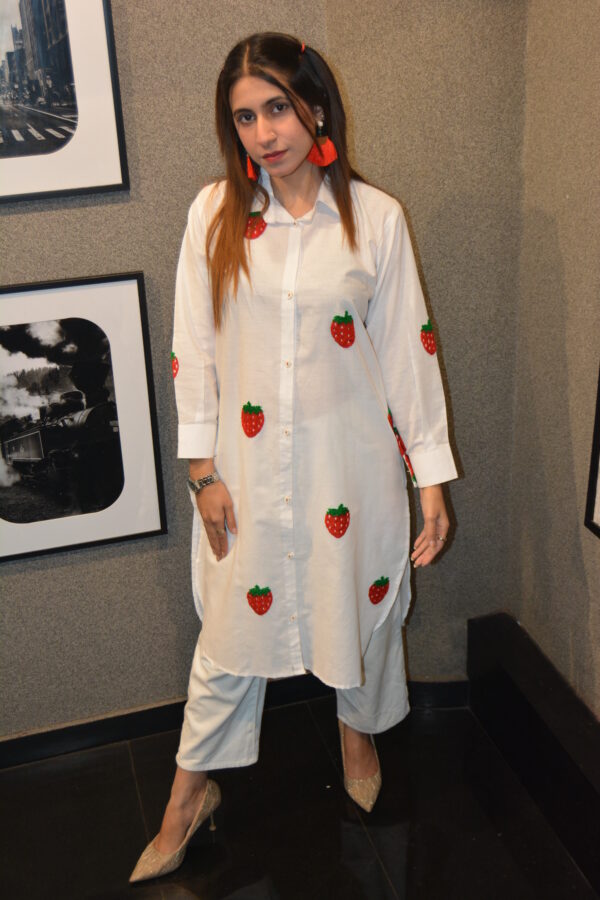 White Cotton Strawberry Shirt Dress - Image 3