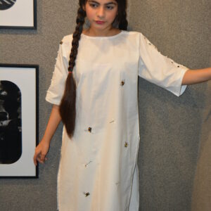Elegant White Cotton Bee Embroidered Tunic